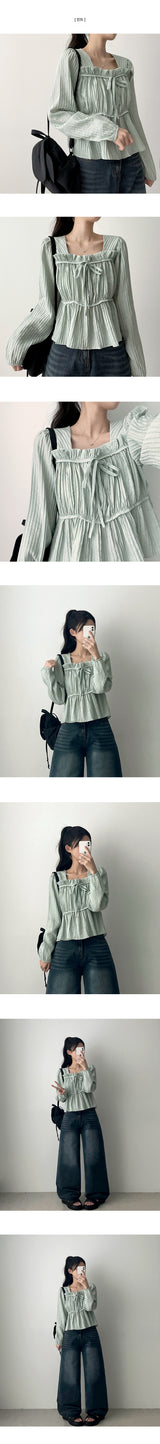 Lynx Ribbon Square Neck Shirring Blouse