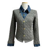 Perry Denim-Layer Cable Knit Long Sleeve Cardigan