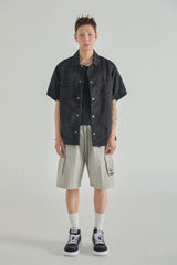 LOGO POINT NYLON CARGO HALF PANTS - LIGHT GRAY