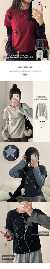 ルナスターパッチストライプレイヤードロングスリーブTシャツ