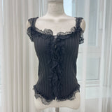 Lace frill front button ribbed sleeveless top (4 colors)