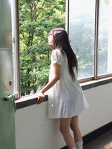 Selly Button Round Collar Puff Sleeve Frill One Piece