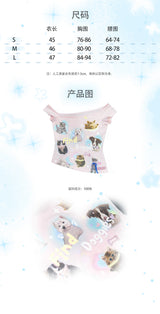 Rose Island. Pet star off-shoulder handmade rhinestone printed cotton T-shirt