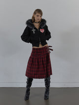 FUR TRIMMING HOODED ZIP-UP / BLACK