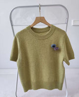 Tours Flower Decor Round Neck Wool Short Sleeve Knit
