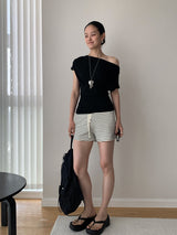 Design Open Shoulder Slim スパンデックス半袖Tシャツ