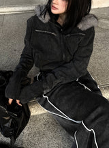 Low Washing Crop Fur Hood Zip-Up
