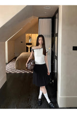 White line ribbed unbalanced off-shoulder top