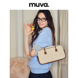 muva. Light‑Retro Spliced Canvas Boston Bag, Large‑Capacity Shoulder Bag for Commute & School, Original Design, New Arrival Sep 3