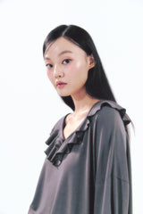 Rose Brooch Frill Long Sleeve Charcoal