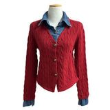 Perry Denim-Layer Cable Knit Long Sleeve Cardigan