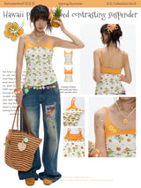 BETWEENAND Hawaii-style pleated, asymmetrical color-block top for women, with printed straps and a tank top design