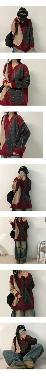SeonanアーガイルオーバーVニット