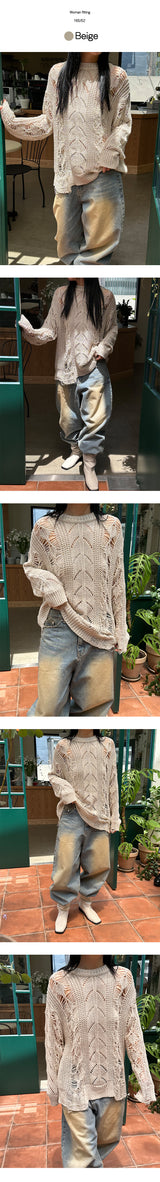 [PREMIUM] Grunge damage round neck knit (3color)