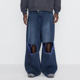 Destroyed Knee Wide Denim Pants Blue & Purple
