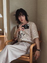 Suo crochet punching knitwear half shirt
