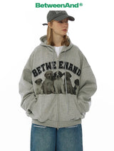 BETWEENAND Spring and Autumn original dog-themed zipper jacket for women, casual autumn outfit with embroidery and cable details, American-style sweatshirt-style cardigan