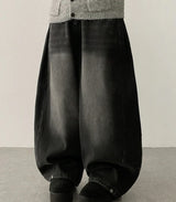 Leg hem snap side pin tuck denim wide pants