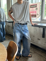 [Unisex] Real stitch semi wide denim pants