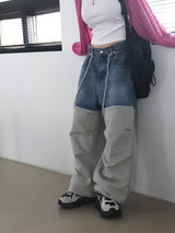 [UNISEX] ストリングミックスカラーリングデニムジョガーワイドパンツ