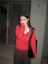UネックアイレットベーシックニットTシャツ (4color)
