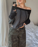 Five Strap Off Shoulder Stripe Long Sleeve