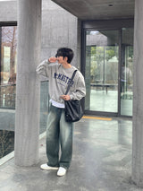 LMN Celine Wide Brush Pintuck Denim Pants (Gray blue)