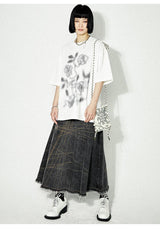 ぼかしバラプリントルーズピュアホワイト半袖Tシャツ(UNISEX)