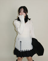 ラバーVネックダメージカットポイント長袖ニット (wool material)
