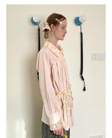 UnsocialNight2025 Autumn New Polka Dot Pleated Stitching Pink Doll Collar Loose Long-sleeved Shirt