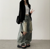 Andy Knee Damage Cutting Deep Washed Denim Wide Pants