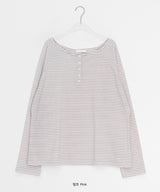 Dre Stripe Summer Button Off-Shoulder Long Sleeve Tee
