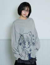 キャットガール & フラワー長袖Tシャツ - グレー