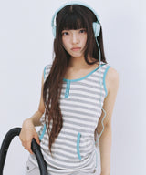 STRIPE HENLEY HOOD SLEEVELESS - GRAY