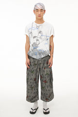 ブラックアンドホワイト花柄プリント半袖Tシャツ