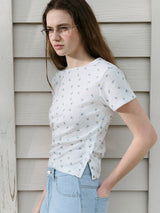 SIDE SLIT FLOWER T-SHIRT WH+BL
