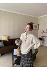 high-neck button bold ribbed loose fit knitwear