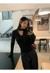Choker V-neck Lace V-neck Long Sleeve T-shirt