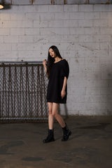 2Way Big Hood Off-Shoulder Mini Dress - Black