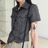 Hashi Western Striped Pocket Cropped Short Sleeve Shirt