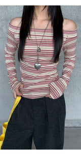 burgundy striped off-shoulder long-sleeve t-shirt