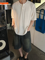 ASCLO ヘンリーネックオーバー半袖ニットTシャツ (2color)