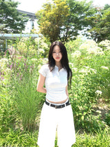 [🖤MD PICK]メロウボタンラインベーシックシャーリングスリムフィットショートスリーブTシャツ(3 colors)