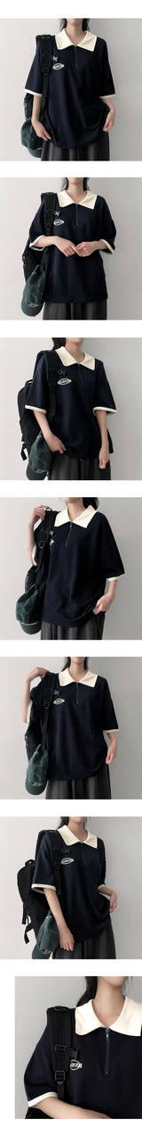 ライトハーフジップアップカラーリングカラーショーツスリーブTシャツ