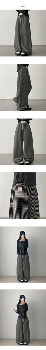 Petz Waist Color Stripe Back Pocket Patch Banding Wide Pants