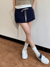 Navy drawstring terry mini skirt