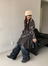 シッソンチェックスカーフオフショルダーロングスリーブTシャツ