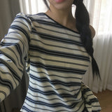 ジロン ストライプ ワンオフショルダー アンバランスTシャツ
