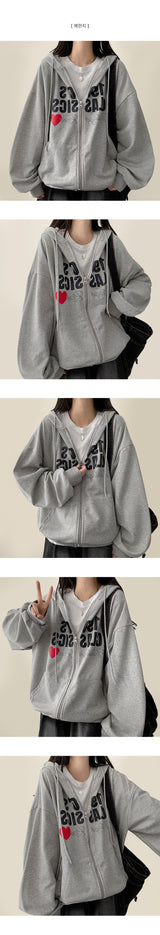 Hearts Heart Reverse Lettering Overfit Hooded Zip-Up