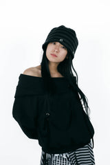 offshoulder ribbon hoodie(black)